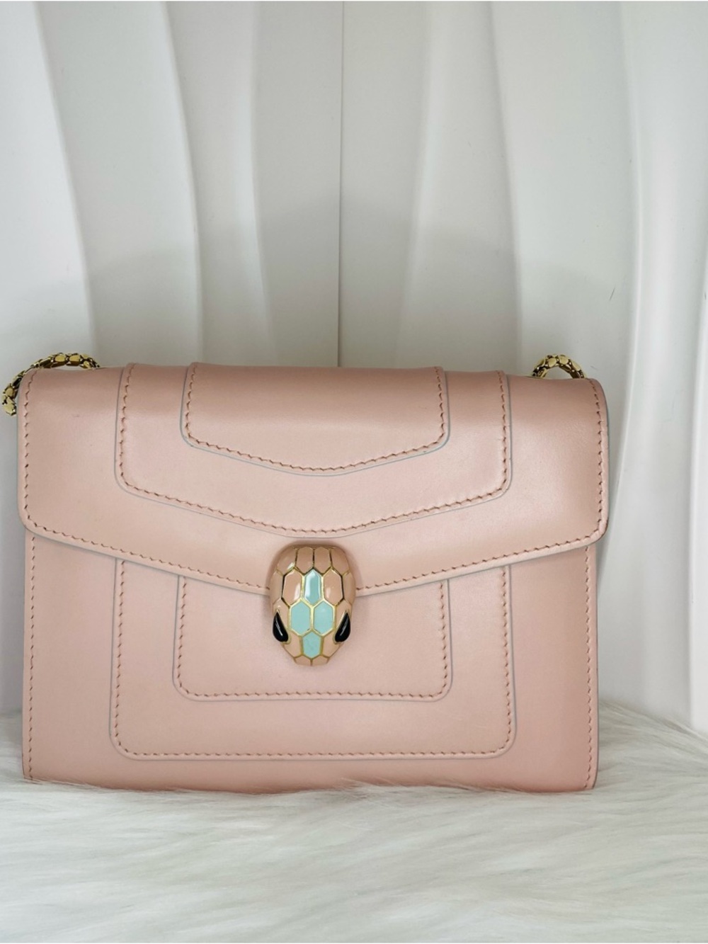Bulgari Serpenti Pale Pink Leather Shoulder Bag with Serpent Head Clasp